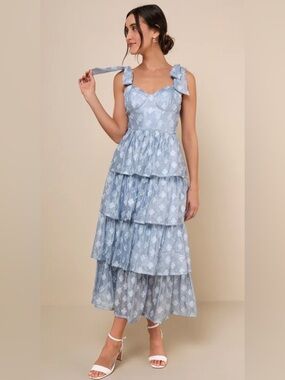 NWT Lulus Gorgeous Excellence Light Blue Floral Burnout Tiered Midi Dress
